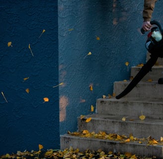 a man on stairs with leafblower removing debris