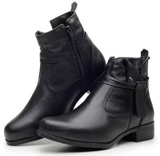 Bota Feminina Coturno em Couro Legítimo Cano Curto com Ziper Confortável - Preto