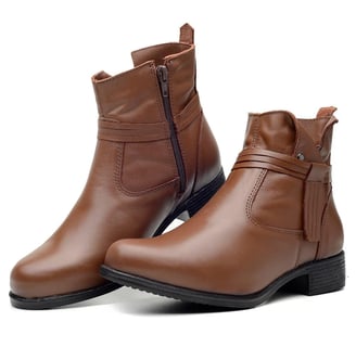 Bota Feminina Coturno em Couro Legítimo Cano Curto com Ziper Confortável - Marrom