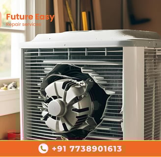 A damaged outdoor cooler with a broken fan, seen from a Future Easy perspective