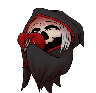 Cartoon Sensenmann, Cartoon Reaper, Skelli, böse miene, Metal Music, hugging, heart, cute