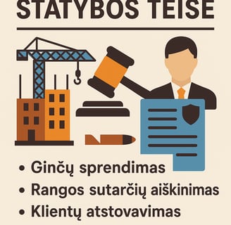 Statybos teisės paslaugų reklaminis plakatas. Viršuje stambiai parašyta „Statybos teisė“. Po tuo – i