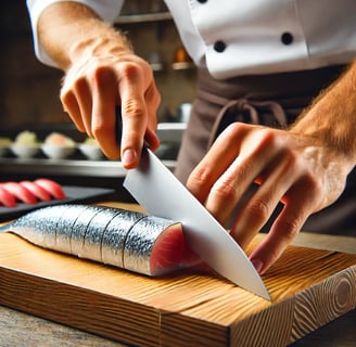 a chef is cutting a fish on a cutting board