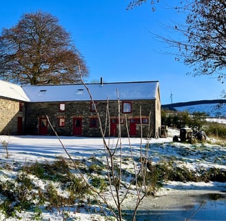 A large barn with a pond and in the snow with bright winter sunlight