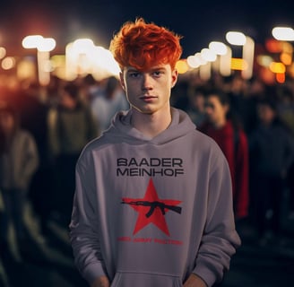 youth wearing clickncollecte hoodie with baader meinhof design