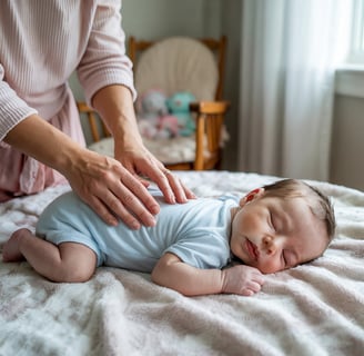 a baby is laying on a bed