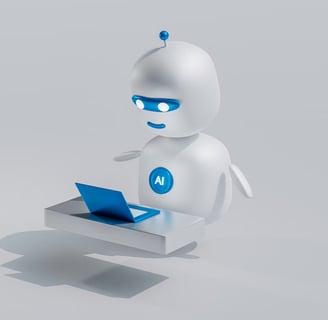 Little white robot with AI button on tummy, smiling at laptop