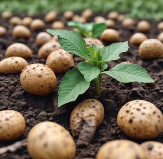 A lush green landscape with multiple rows of crops growing in a field. Tall trees and plants surround the perimeter, and the bright foliage suggests a healthy agricultural area.