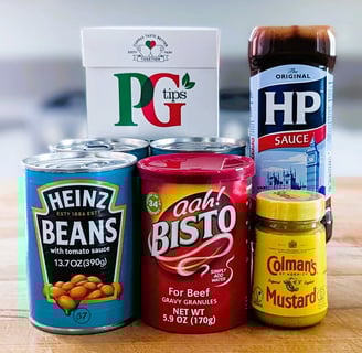 a variety of food items including a can of beans