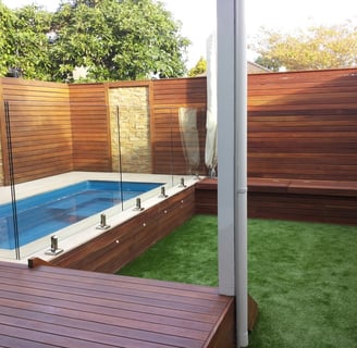 Spotted gum screen and bench with stone inserts