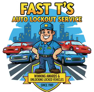Fast T's Lockout Service van with a locksmith in front of it holding a sign that says Fast T's Auto Lockout Service