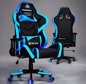 A pair of racing style gaming chairs with blue and black racing style seats
