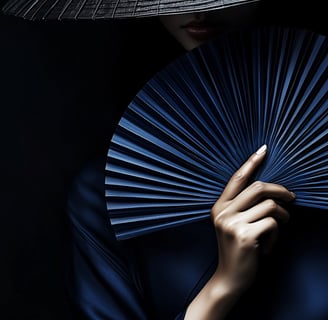 Shadowy Asian girl in black hat behind a blue fan