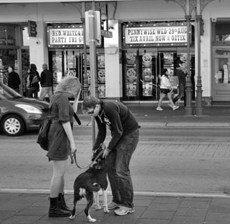 A man and woman standing on a sidewalk with a dog