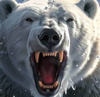 A polar bear roars showing its teeth