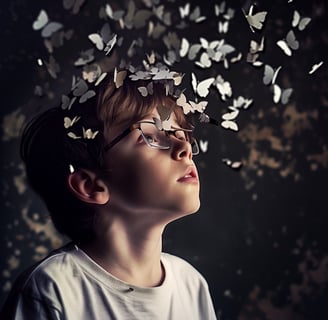 A young neurodiverse boy with glasses surrounded by paper butterflies