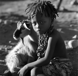 Peter Pickering's website shows a young Himba boy with dreadlocks beside his goat