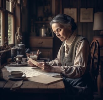 Peter Pickering's alter ego, Lily Wren, sitting at a table with a cup of tea and reading a letter