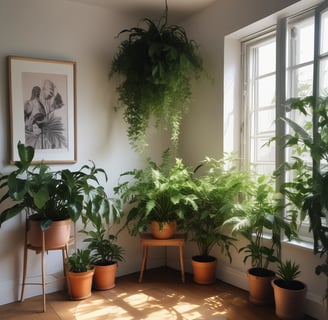 A serene indoor garden corner adorned with several potted plants arranged on a patch of artificial grass. In the center, there is a decorative platter with a lit candle surrounded by flower petals. The soft glow of string lights enhances the ambiance and highlights the foliage.