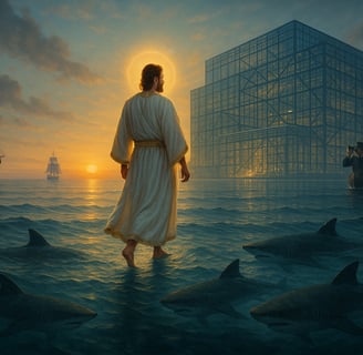 a man in a robe is walking through a body of water