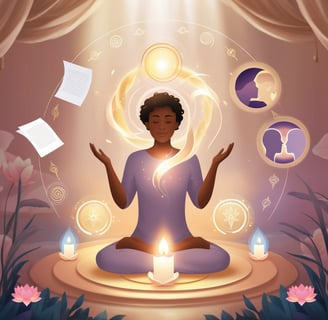 a woman sitting in a meditation position with a candle