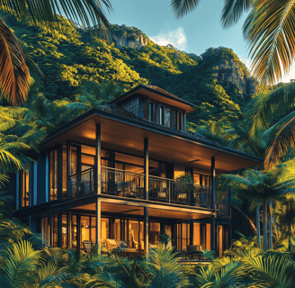 Illustration conceptuelle d’un hôtel de charme en Guadeloupe, niché au cœur d’une végétation luxuriante et surplombant la me