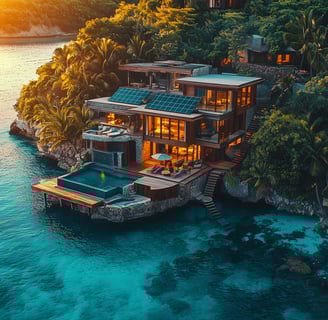 Vue d’un éco-resort de luxe intégré à la nature tropicale des Caraïbes, incarnant un tourisme durable et haut de gamme