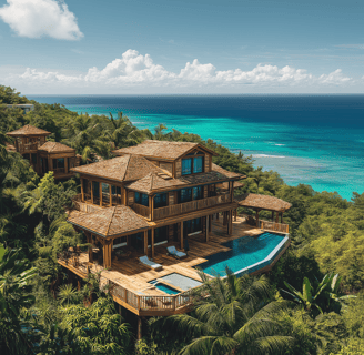 Vue aérienne d’un éco-resort de luxe en Guadeloupe avec villa principale en architecture créole, bungalows indépendants avec