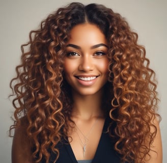 Une jeune femme métisse souriante avec des extensions bouclées brun-rougeâtre.