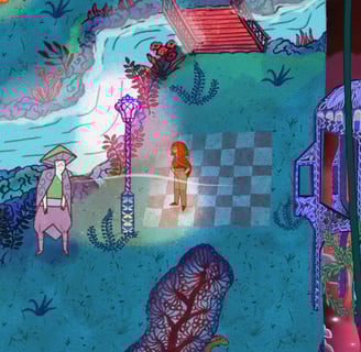Hand-drawn fantasy landscape with a female character exploring a mystical, colorful world.