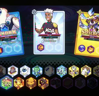 Colorful character selection screen from *Dimensionals*, featuring heroes with unique abilities.