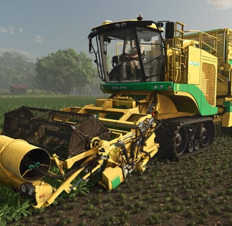 A modern harvester working in a lush green field in Farming Simulator 25, showcasing realism.
