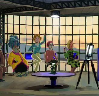 A group of eccentric characters gathers in a sunlit room, deep in discussion over a mystery.