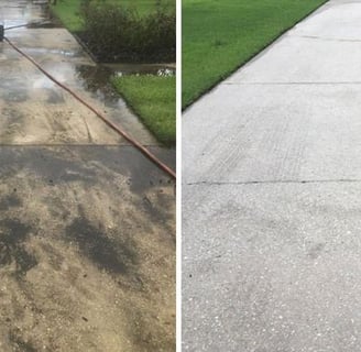 a drive way before and after photo showing the results of pressure washing 