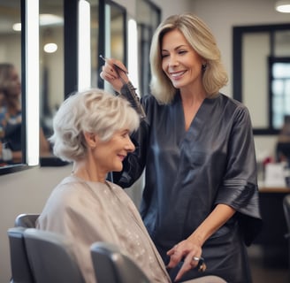 A modern hair salon interior with styling chairs, hair drying equipment, and large posters featuring hairstyles on the walls. There are potted plants adding a touch of greenery to the sleek and clean design. The room is well-lit with natural light coming through the windows and artificial ceiling lights.