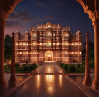 An intricately designed historical building with domes and decorative arches, set against a clear blue sky. Birds are flying around the structure, and a sign in the foreground reads 'Central Museum Jaipur'. The building has detailed architectural elements typical of Indian heritage.