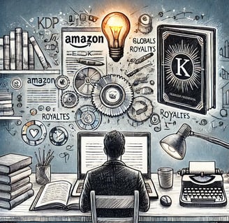 Illustration montrant un auteur travaillant sur un ordinateur affichant l’interface Amazon KDP