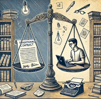 Illustration montrant une balance entre l’autoédition, symbolisée par un auteur travaillant