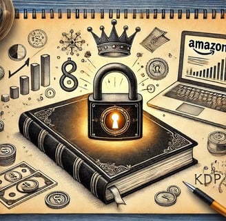 Manuscrit protégé par un cadenas lumineux, entouré de pièces symbolisant les royalties