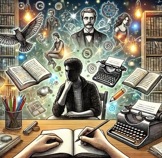 auteur entouré de personnages fictifs et d’éléments créatifs, symbolisant l’imaginaire et la passion