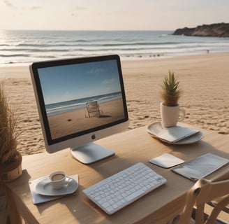 A person with curly hair wearing headphones is sitting at a desk, focused on editing video content on a computer. The desk is equipped with various gadgets, including a laptop and other tech accessories. The room's wall displays vinyl records, adding an artistic touch.