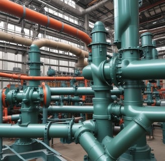 A close-up view of industrial machinery, featuring metal pipes, valves, and a large cylindrical component. The equipment is composed of various metallic surfaces, with visible screws and clamps securing the parts together. The texture of the metal appears weathered.