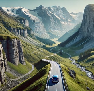 Voici une image réaliste d'une voiture vue de loin sur une route sinueuse de montagne dans les Alpes suisses, mettant en vale