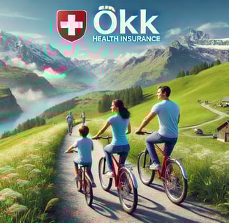 image plus réaliste d'une famille suisse faisant du vélo sur un sentier alpin, illustrant bien-être et sécurité en lien avec