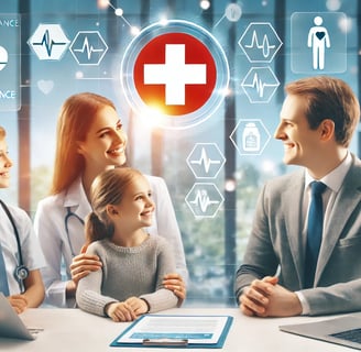 illustrant une famille suisse discutant de leur assurance maladie avec un conseiller, dans un cadre professionnel et rassuran