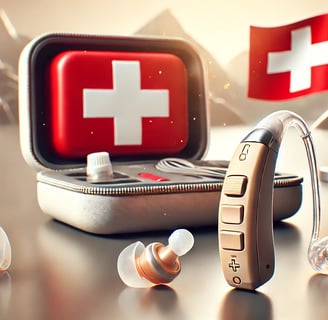 image intégrant des éléments suisses avec une palette rouge et blanche, un étui protecteur marqué d'une croix suisse et un a