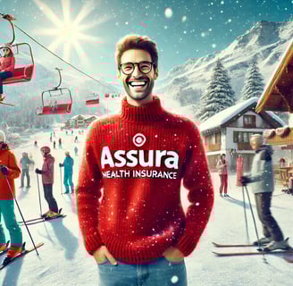 illustration d'une personne heureuse portant un pull avec le logo Assura en rouge, profitant d'une journée ensoleillée à la n