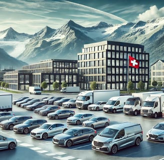 image d'une flotte de véhicules professionnels devant un bâtiment moderne en Suisse, avec des montagnes en arrière-plan et un
