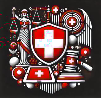 avec une touche suisse et des couleurs rouges et blanches. Elle symbolise la protection juridique tout en évoquant un sentime