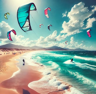 Voici une illustration représentant une scène vibrante de kitesurf. Elle montre un kitesurfeur glissant sur les vagues sous u